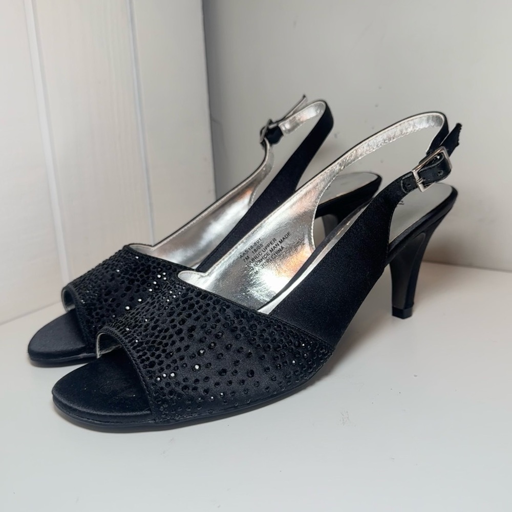 David Tate Black Satin Rhinestone Heels